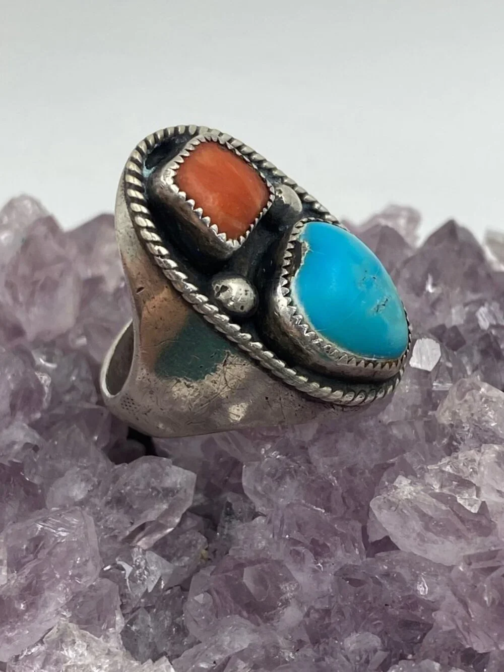 Vintage Sterling Silver Navajo Turquoise and Cora…